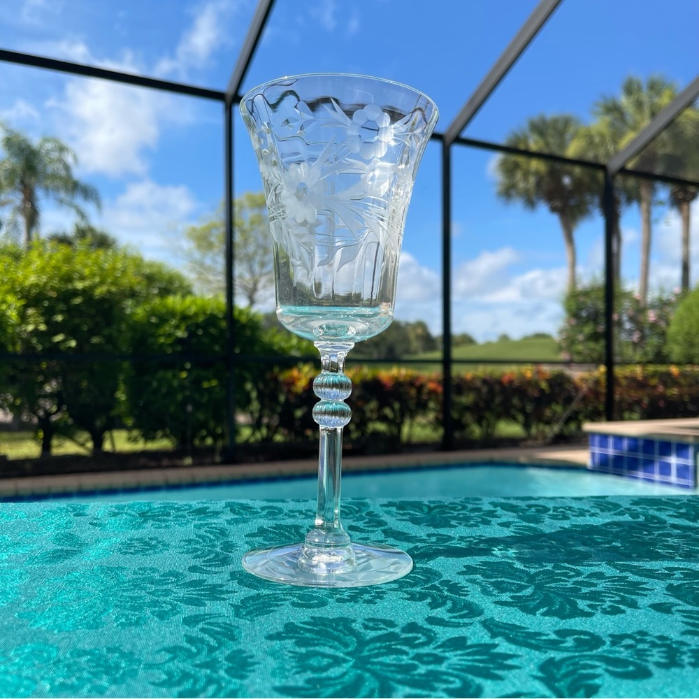 Vintage Elegant Etched Blown Glass Goblets Ball Stems Set of 3